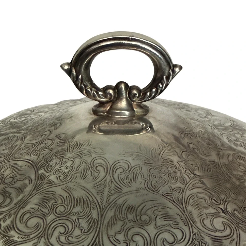 1960s Oneida Silverplate Serving Dish Silver Floral Etched Footed Covered VTG